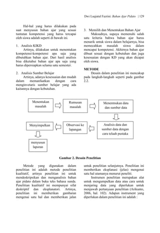 Dwi Luqiatul Fazrini: Bahan Ajar Pidato | 129
Hal-hal yang harus dilakukan pada
saat menyusun bahan ajar yang sesuai
tuntutan kompetensi yang harus tercapai
oleh siswa adalah seperti di bawah ini.
1. Analisis KIKD
Artinya, dilakukan untuk menentukan
kompetensi-kompetensi apa saja yang
dibutuhkan bahan ajar. Dari hasil analisis
bisa diketahui bahan ajar apa saja yang
harus dipersiapkan selama satu semester.
2. Analisis Sumber Belajar
Artinya, adanya kesesuaian dan mudah
dalam memanfaatkan dengan cara
menginvetaris sumber belajar yang ada
kaitannya dengan kebutuhan.
3. Memilih dan Menentukan Bahan Ajar
Maksudnya, supaya memenuhi salah
satu kriteria bahwa bahan ajar harus
menarik untuk siswa dalam belajarnya, bisa
memecahkan masalah siswa dalam
mencapai kompetensi. Akhirnya bahan ajar
dibuat sesuai dengan kebutuhan dan juga
kesesuaian dengan KD yang akan dicapai
oleh siswa.
METODE
Desain dalam penelitian ini mencakup
pada langkah-langkah seperti pada gambar
2.2.
Gambar 2. Desain Penelitian
Metode yang digunakan dalam
penelitian ini adalah metode penelitian
kualitatif, artinya penelitian ini untuk
mendeskripsikan dan menganalisis bahan
ajar pidato dalam buku teks bahasa sunda.
Penelitian kualitatif ini mempunyai sifat
deskriptif dan eksplanatori. Artinya,
penelitian ini memberikan gambaran
mengenai satu hal dan memberikan jalan
untuk penelitian selanjutnya. Penelitian ini
memberikan eksplanasi (jelas) mengenai
satu hal utamanya menurut peneliti.
Instrumen penelitian merupakan alat
untuk mengumpulkan data atau cara untuk
menjaring data yang diperlukan untuk
menjawab pertanyaan penelitian (Arikunto,
2006, hal. 102). Adapun instrument yang
diperlukan dalam penelitian ini adalah :
Rumusan
masalah
Menentnukan data
dan sumber data
Analisis data dan
sumber data dengan
cara telaah pustaka
Observasi ke
lapangan
Menentukan
masalah
Menyimpulkan
menyusun
laporan
 