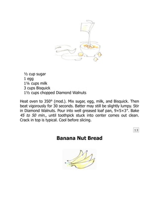 13
½ cup sugar
1 egg
1¼ cups milk
3 cups Bisquick
1½ cups chopped Diamond Walnuts
Heat oven to 350° (mod.). Mix sugar, egg, milk, and Bisquick. Then
beat vigorously for 30 seconds. Batter may still be slightly lumpy. Stir
in Diamond Walnuts. Pour into well greased loaf pan, 9×5×3″. Bake
45 to 50 min., until toothpick stuck into center comes out clean.
Crack in top is typical. Cool before slicing.
Banana Nut Bread
 