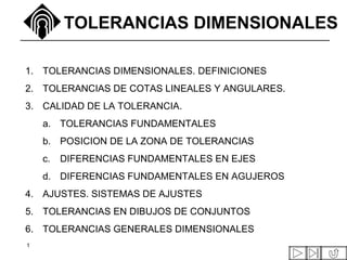 TOLERANCIAS DIMENSIONALES

1. TOLERANCIAS DIMENSIONALES. DEFINICIONES
2. TOLERANCIAS DE COTAS LINEALES Y ANGULARES.
3. CALIDAD DE LA TOLERANCIA.
    a. TOLERANCIAS FUNDAMENTALES
    b. POSICION DE LA ZONA DE TOLERANCIAS
    c.   DIFERENCIAS FUNDAMENTALES EN EJES
    d. DIFERENCIAS FUNDAMENTALES EN AGUJEROS
4. AJUSTES. SISTEMAS DE AJUSTES
5. TOLERANCIAS EN DIBUJOS DE CONJUNTOS
6. TOLERANCIAS GENERALES DIMENSIONALES
1
 