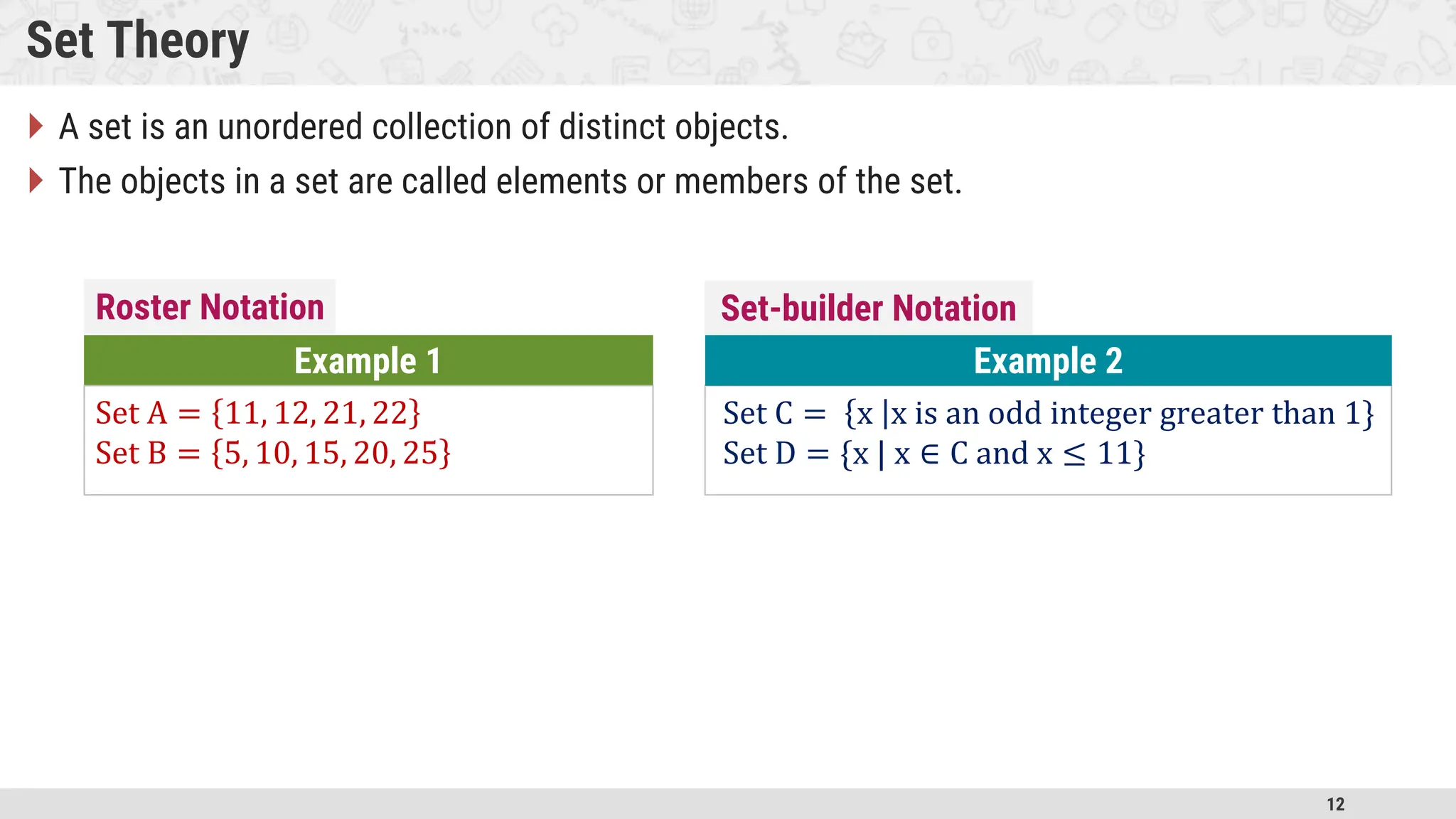 12 Set Theory  A set is an unordered collection of distinct objects.  The objects in a set are called elements or members of the set. Example 1 Set A = 11, 12, 21, 22 Set B = 5, 10, 15, 20, 25 Set C = x x is an odd integer greater than 1} Set D = {x | x ∈ C and x ≤ 11} Example 2 Roster Notation Set-builder Notation 
