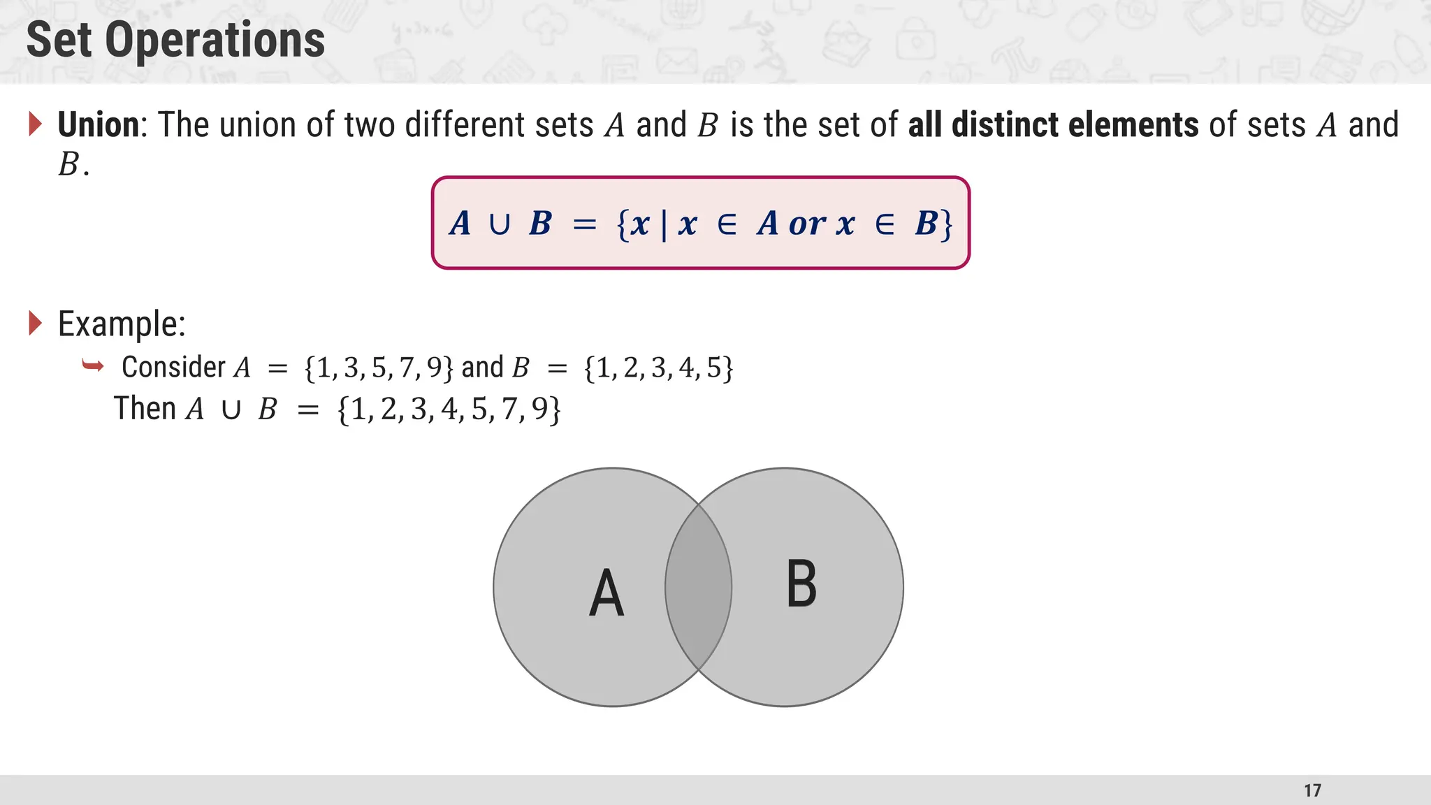 17 Set Operations  Union: The union of two different sets 𝐴 and 𝐵 is the set of all distinct elements of sets 𝐴 and 𝐵.  Example:  Consider 𝐴 = {1, 3, 5, 7, 9} and 𝐵 = {1, 2, 3, 4, 5} Then 𝐴 ∪ 𝐵 = {1, 2, 3, 4, 5, 7, 9} A B A B 𝑨 ∪ 𝑩 = {𝒙 | 𝒙 ∈ 𝑨 𝒐𝒓 𝒙 ∈ 𝑩} 