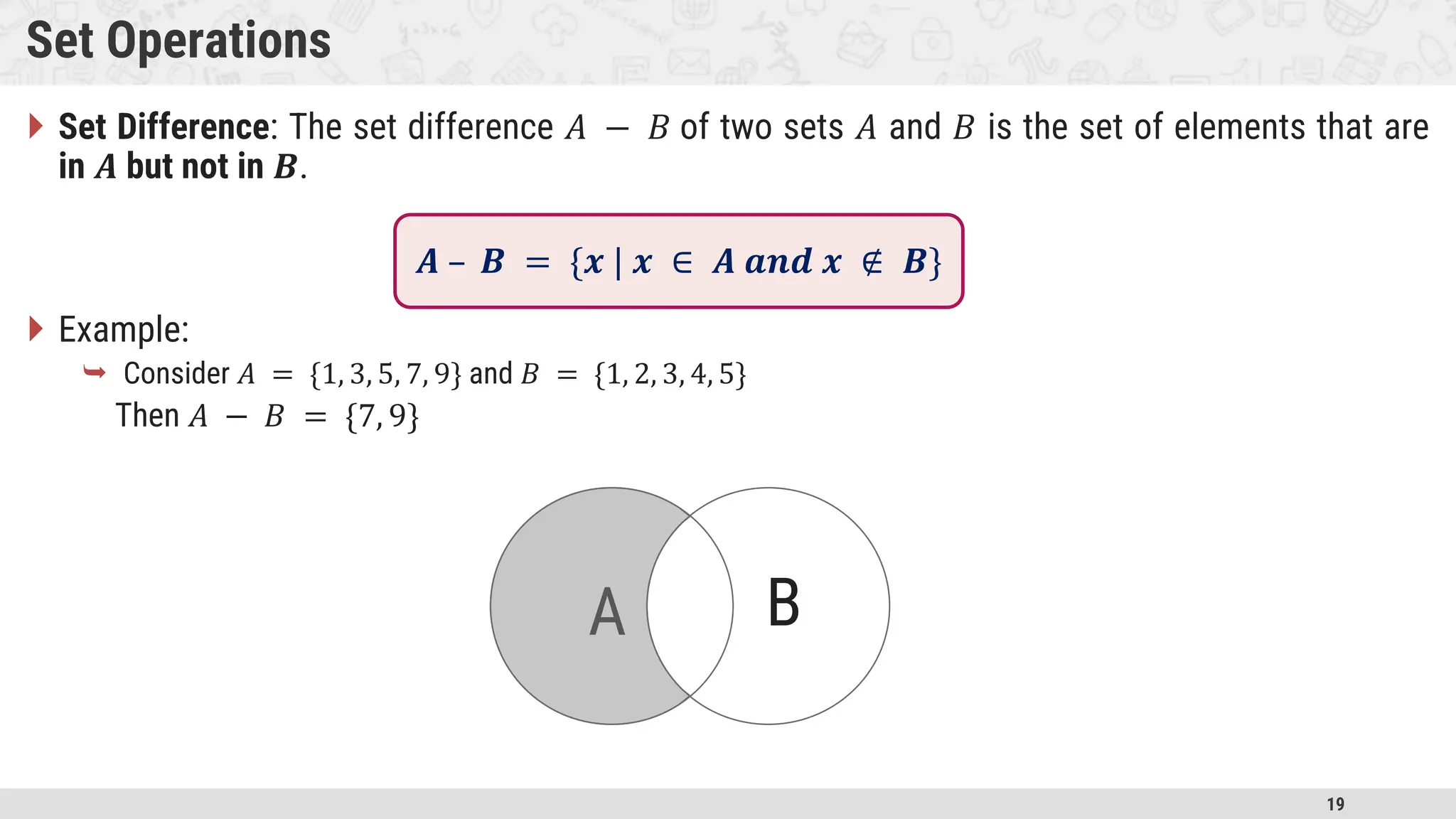 19 Set Operations  Set Difference: The set difference 𝐴 − 𝐵 of two sets 𝐴 and 𝐵 is the set of elements that are in 𝑨 but not in 𝑩.  Example:  Consider 𝐴 = {1, 3, 5, 7, 9} and 𝐵 = {1, 2, 3, 4, 5} Then 𝐴 − 𝐵 = {7, 9} A B 𝑨 – 𝑩 = {𝒙 | 𝒙 ∈ 𝑨 𝒂𝒏𝒅 𝒙 ∉ 𝑩} 