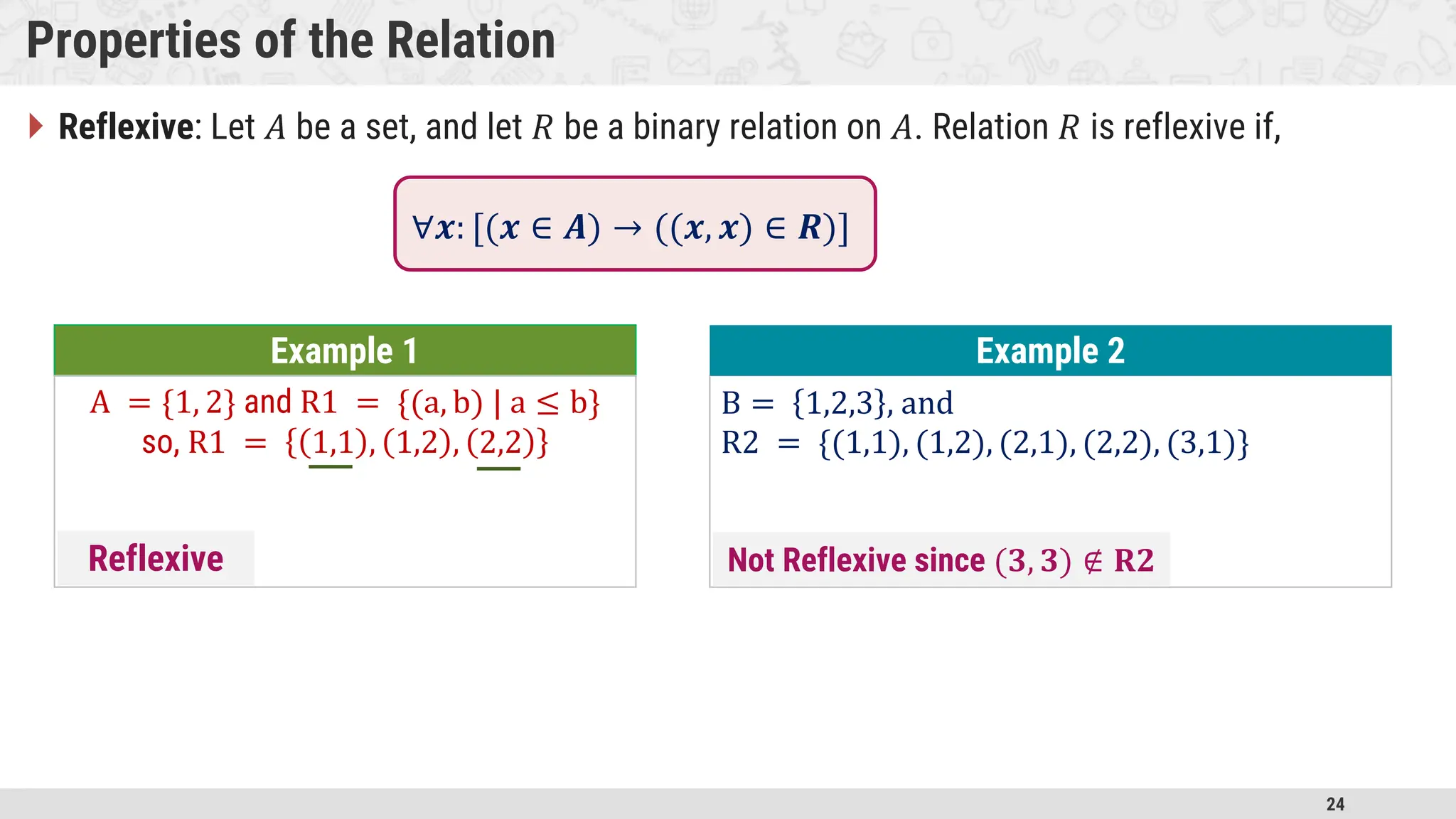 24 Properties of the Relation  Reflexive: Let 𝐴 be a set, and let 𝑅 be a binary relation on 𝐴. Relation 𝑅 is reflexive if, Example 1 A = {1, 2} and R1 = {(a, b) | a ≤ b} so, R1 = 1,1 , 1,2 , 2,2 B = 1,2,3 , and R2 = {(1,1), (1,2), (2,1), (2,2), (3,1)} Example 2 Reflexive Not Reflexive since (𝟑, 𝟑) ∉ 𝐑𝟐 ∀𝒙: [(𝒙 ∈ 𝑨) → ((𝒙, 𝒙) ∈ 𝑹)] 