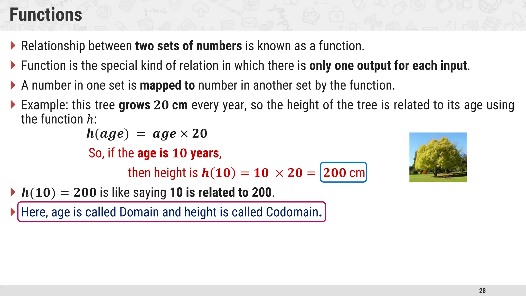 28 Functions  Relationship between two sets of numbers is known as a function.  Function is the special kind of relation in which there is only one output for each input.  A number in one set is mapped to number in another set by the function.  Example: this tree grows 𝟐𝟎 cm every year, so the height of the tree is related to its age using the function ℎ: 𝒉(𝒂𝒈𝒆) = 𝒂𝒈𝒆 × 𝟐𝟎 So, if the age is 𝟏𝟎 years, then height is 𝒉 𝟏𝟎 = 𝟏𝟎 × 𝟐𝟎 = 𝟐𝟎𝟎 cm  𝒉(𝟏𝟎) = 𝟐𝟎𝟎 is like saying 10 is related to 200.  Here, age is called Domain and height is called Codomain. 