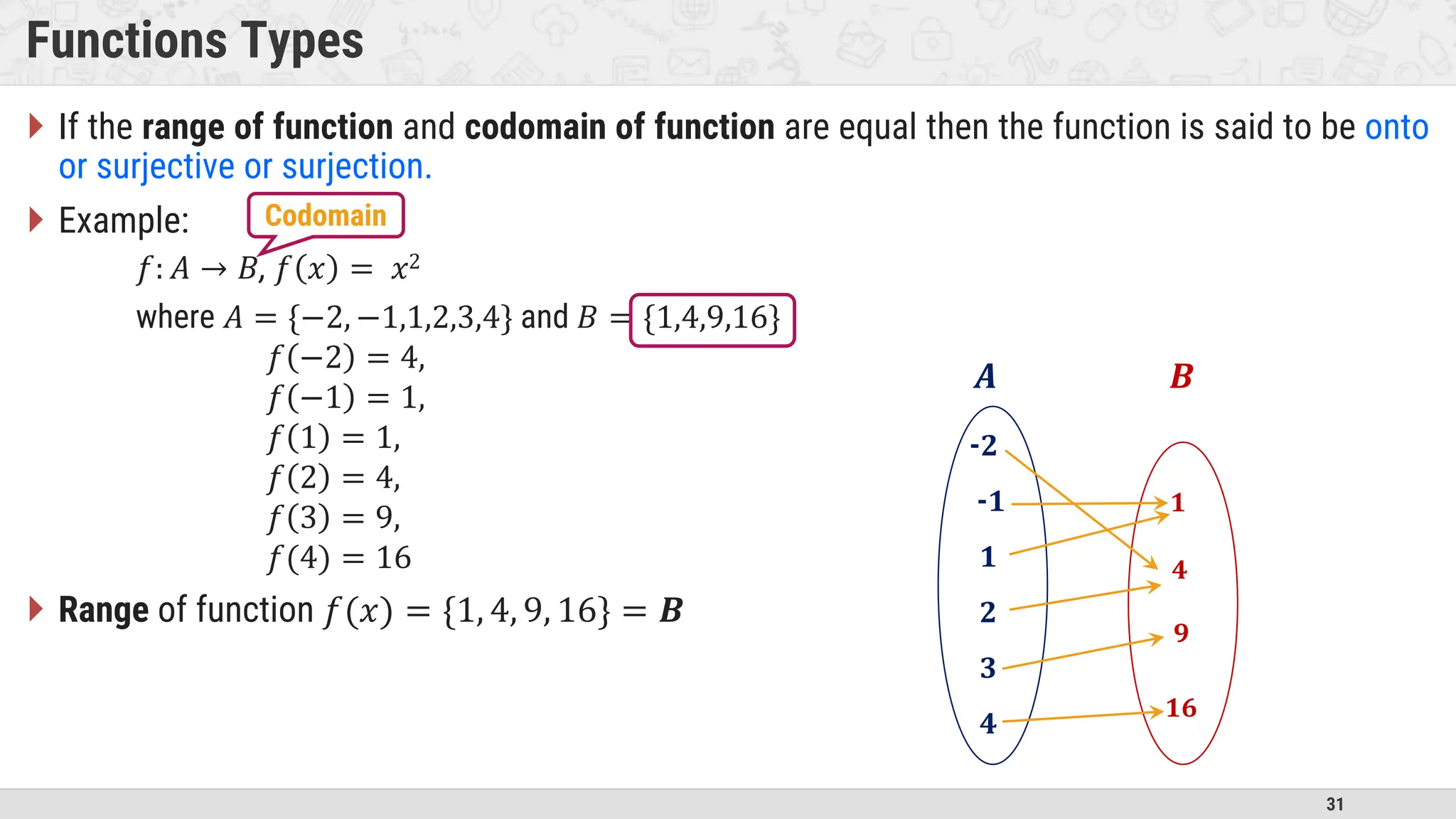 31 Functions Types  If the range of function and codomain of function are equal then the function is said to be onto or surjective or surjection.  Example: 𝑓: 𝐴 → 𝐵, 𝑓 𝑥 = 𝑥2 where 𝐴 = {−2, −1,1,2,3,4} and 𝐵 = {1,4,9,16} 𝑓 −2 = 4, 𝑓 −1 = 1, 𝑓 1 = 1, 𝑓 2 = 4, 𝑓 3 = 9, 𝑓(4) = 16  Range of function 𝑓(𝑥) = {1, 4, 9, 16} = 𝑩 𝑨 𝑩 𝟏 𝟐 𝟑 𝟒 𝟏 𝟒 𝟗 𝟏𝟔 -𝟐 -𝟏 Codomain 