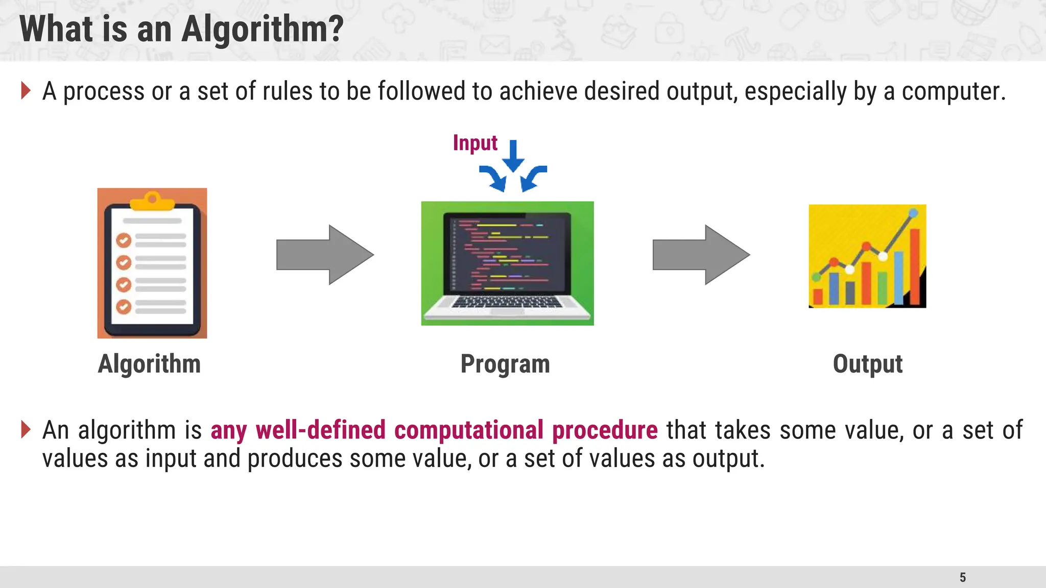 5 What is an Algorithm?  A process or a set of rules to be followed to achieve desired output, especially by a computer.  An algorithm is any well-defined computational procedure that takes some value, or a set of values as input and produces some value, or a set of values as output. Output Algorithm Program Input 