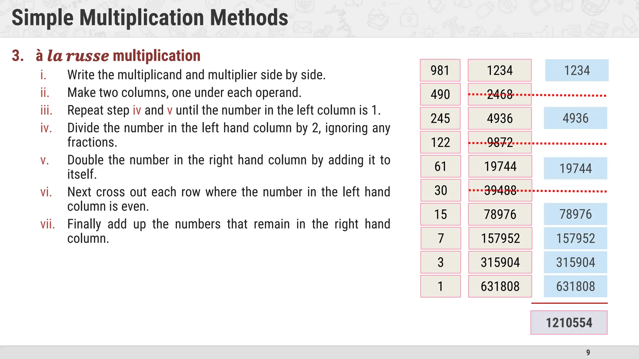 9 Simple Multiplication Methods 3. à 𝒍𝒂 𝒓𝒖𝒔𝒔𝒆 multiplication i. Write the multiplicand and multiplier side by side. ii. Make two columns, one under each operand. iii. Repeat step iv and v until the number in the left column is 1. iv. Divide the number in the left hand column by 2, ignoring any fractions. v. Double the number in the right hand column by adding it to itself. vi. Next cross out each row where the number in the left hand column is even. vii. Finally add up the numbers that remain in the right hand column. 1234 2468 4936 9872 19744 39488 78976 157952 315904 631808 981 490 245 122 61 30 15 7 3 1 1234 4936 19744 78976 157952 315904 631808 1210554 