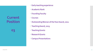 Current
Position
03
 Early teaching experience
 Academic Rank
 Founding Faculty
 Courses
 OutstandingWoman of theYearAward, 2011
 Teaching Award, 2013
 Teaching Grants
 Research Grants
 Campus Presentations
2/24/2016 4
 