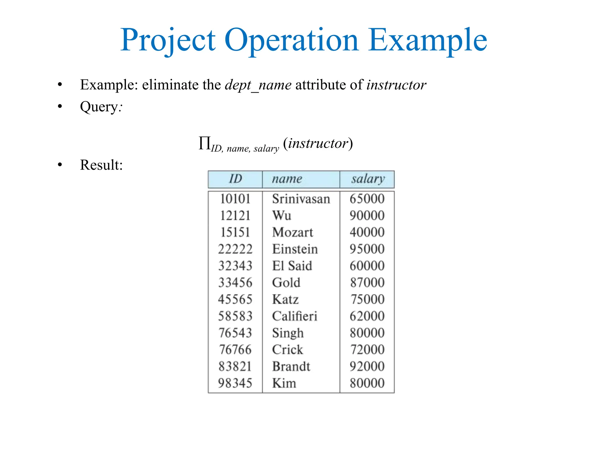 Project Operation Example
• Example: eliminate the dept_name attribute of instructor
• Query:
ID, name, salary (instructor)
• Result:
 
