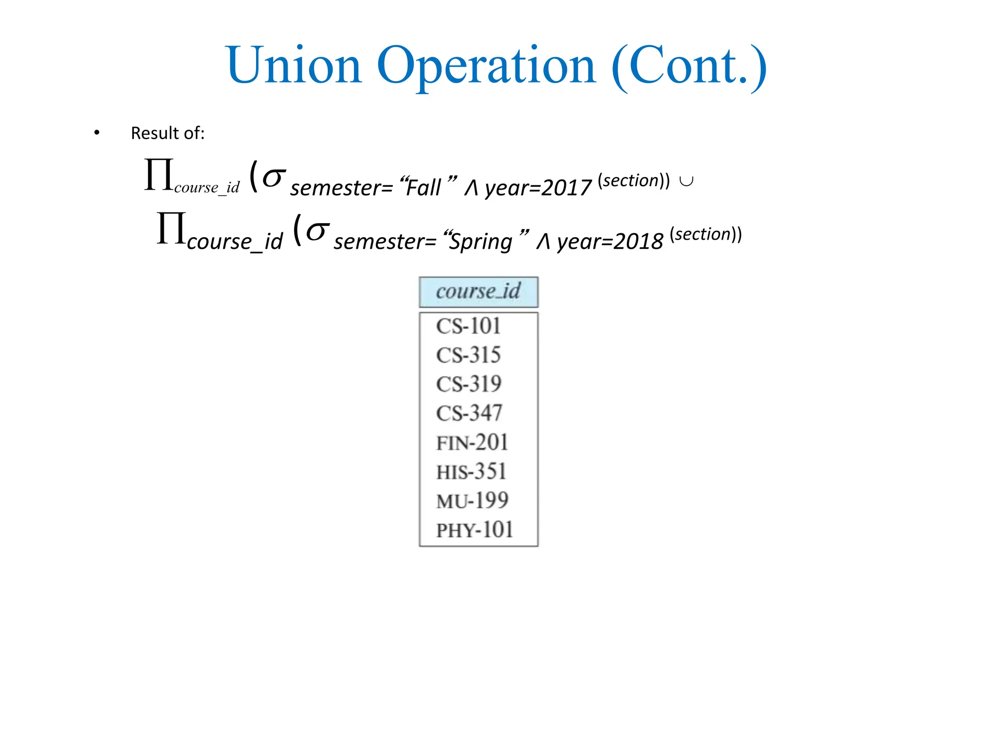 Union Operation (Cont.)
• Result of:
course_id ( semester=“Fall” Λ year=2017 (section)) 
course_id ( semester=“Spring” Λ year=2018 (section))
 