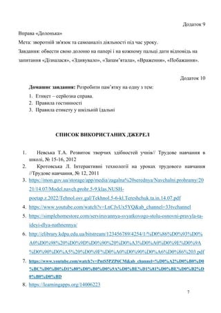 7
Додаток 9
Вправа «Долонька»
Мета: зворотній зв'язок та самоаналіз діяльності під час уроку.
Завдання: обвести свою долоню на папері і на кожному пальці дати відповідь на
запитання «Дізналася», «Здивувало», «Запам’ятала», «Враження», «Побажання».
Додаток 10
Домашнє завдання: Розробити пам’ятку на одну з тем:
1. Етикет – серйозна справа.
2. Правила гостинності
3. Правила етикету у шкільній їдальні
СПИСОК ВИКОРИСТАНИХ ДЖЕРЕЛ
1. Невська Т.А. Розвиток творчих здібностей учнів// Трудове навчання в
школі, № 15-16, 2012
2. Кротовська Л. Інтерактивні технології на уроках трудового навчання
//Трудове навчання, № 12, 2011
3. https://mon.gov.ua/storage/app/media/zagalna%20serednya/Navchalni.prohramy/20
21/14.07/Model.navch.prohr.5-9.klas.NUSH-
poetap.z.2022/Tehnol.osv.gal/Tekhnol.5-6-kl.Tereshchuk.ta.in.14.07.pdf
4. https://www.youtube.com/watch?v=LnCJvUx5YQ&ab_channel=33tvchannel
5. https://simplehomestore.com/serviruvannya-svyatkovogo-stolu-osnovni-pravyla-ta-
ideyi-dlya-nathnennya/
6. http://elibrary.kdpu.edu.ua/bitstream/123456789/4254/1/%D0%86%D0%93%D0%
A0%D0%98%20%D0%9D%D0%90%20%D0%A3%D0%A0%D0%9E%D0%9A
%D0%90%D0%A5%20%D0%9F%D0%A0%D0%90%D0%A6%D0%86%203.pdf
7. https://www.youtube.com/watch?v=PntS5PZP6CM&ab_channel=%D0%A2%D0%B0%D0
%BC%D0%B0%D1%80%D0%B0%D0%9A%D0%BE%D1%81%D0%BE%D0%B2%D
0%B0%D0%BD
8. https://learningapps.org/14006223
 