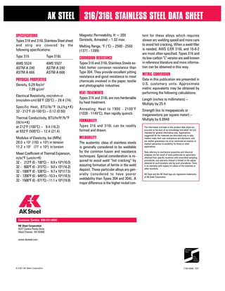 AK STEEL 316/316L STAINLESS STEEL DATA SHEET
The information and data in this product data sheet are
accurate to the best of our knowledge and belief, but are
intended for general information only. Applications
suggested for the materials are described only to help
readers make their own evaluations and decisions, and
are neither guarantees nor to be construed as express or
implied warranties of suitability for these or other
applications.
Data referring to mechanical properties and chemical
analyses are the result of tests performed on specimens
obtained from specific locations with prescribed sampling
procedures; any warranty thereof is limited to the values
obtained at such locations and by such procedures. There
is no warranty with respect to values of the materials at
other locations.
AK Steel and the AK Steel logo are registered trademarks
of AK Steel Corporation.
SPECIFICATIONS
Types 316 and 316L Stainless Steel sheet
and strip are covered by the
following specifications:
Type 316 Type 316L
AMS 5524 AMS 5507
ASTM A 240 ASTM A 240
ASTM A 666 ASTM A 666
PHYSICAL PROPERTIES
Density, 0.29 lbs/in3
7.99 g/cm3
Electrical Resistivity, microhm-in
(microhm-cm) 68F (20C) C 29.4 (74)
Specific Heat, BTU/lb/F (kJ/kg?K)
32 - 212F (0-100C) C 0.12 (0.50)
Thermal Conductivity, BTU/hr/ft2
/ft/F
(W/m?K)
at 212F (100C) C 9.4 (16.2)
at 932F (500C) C 12.4 (21.4)
Modulus of Elasticity, ksi (MPa)
28.0 x 103
(193 x 103
) in tension
11.2 x 103
(77 x 103
) in torsion
Mean Coefficient of Thermal Expansion,
in/in/F (m/m?K)
32 - 1212F(0 - 100C) C 8.9 x10-6
(16.0)
32 - 1600F(0 - 315C) C 9.0 x10-6
(16.2)
32 - 1000F(0 - 538C) C 9.7 x10-6
(17.5)
32 - 1200F(0 - 649C)C10.3 x 10-6
(18.5)
32 - 1500F(0 - 871C) C11.1 x10-6
(19.9)
Magnetic Permeability, H = 200
Oersteds, Annealed C 1.02 max.
Melting Range, F (C) C 2500 - 2550
(1371 - 1399)
CORROSION RESISTANCE
Types 316 and 316L Stainless Steels ex-
hibit better corrosion resistance than
Type 304. They provide excellent pitting
resistance and good resistance to most
chemicals involved in the paper, textile
and photographic industries.
HEAT TREATMENTS
Types 316 and 316L are non-hardenable
by heat treatment.
Annealing: Heat to 1900 - 2100F
(1038 - 1149C), then rapidly quench.
FORMABILITY
Types 316 and 316L can be readily
formed and drawn.
WELDABILITY
The austenitic class of stainless steels
is generally considered to be weldable
by the common fusion and resistance
techniques. Special consideration is re-
quired to avoid weld hot cracking by
assuring formation of ferrite in the weld
deposit. These particular alloys are gen-
erally considered to have poorer
weldability than Types 304 and 304L. A
major difference is the higher nickel con-
7100-0096 7/07? 2007 AK Steel Corporation
tent for these alloys which requires
slower arc welding speed and more care
to avoid hot cracking. When a weld filler
is needed, AWS E/ER 316L and 16-8-2
are most often specified. Types 316 and
its low-carbon L version are well known
in reference literature and more informa-
tion can be obtained in this way.
METRIC CONVERSION
Data in this publication are presented in
U.S. customary units. Approximate
metric equivalents may be obtained by
performing the following calculations:
Length (inches to millimeters) C
Multiply by 25.4
Strength (ksi to megapascals or
meganewtons per square meter) C
Multiply by 6.8948
9227 Centre Pointe Drive
AK Steel Corporation
West Chester, OH 45069
www.aksteel.com
Customer Service 800-331-5050
 
