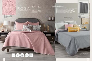 1. Cojín Malva - 86802 - $269
2. Funda de almohada Voga Rosa EUR - 37853 - $299
3. Sábanas Viasoft Viento MAT - 86844 - $749
4. Funda de cojín Velvet Rosa - 36666 - $179
5. Funda de cojín Mumbai Mostaza - 77492 - $449
6. Funda de cojín Amarello - 36622 - $179
bordado
complementa con:
MAT XL KS
86051 86052
1 Edredón 1 Edredón
$1,499 $1,699
Complementos se venden
por separado.
R O S A
Edredón Voga
2 vistas
CORTINAS BLACKOUT
GRIS LARGAS
63961
$899
Jgo. de 2 cortinas
EDREDÓN
ULTRADELGADO
TEN
DEN
CIA.
MEDIDA
XL
Sábanas Vialifresh MAT
23649 - $1,099
55
54
 