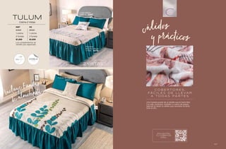 de almohada
Incluye Fundas
2 vistas
MAT KS
83681 85681
1 colcha 1 colcha
2 fundas 2 fundas
$1,269 $1,699
Los complementos se
venden por separado
TULUM
Colcha 2 Vistas
Cojín Malva
86802 - $269
Frazada
Mumbai Beige
77556 - $479
VIASOFT
VISTA
DOBLE
Funda de cojín Duna
36651 - $279
C O B E R T O R E S ,
F Á C I L E S D E L L E VA R
A T O D A S PA R T E S
Una frazada puede ser el detalle que le hacía falta
a tu sala, recámara, recibidor o cuarto de juegos,
además te darán la calidez que necesitas durante
todo el año.
cálidos
y prácticos
ENCUENTRA
TU COBERTOR
IDEAL
107
106
 