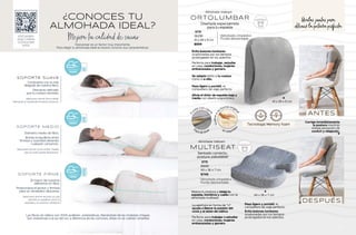 Compuesta con la más
delgada de nuestra fibra.
Descanso delicado
que tu cuerpo necesita.
SOPORTE MEDIO
SOPORTE FIRME
SOPORTE SUAVE
Diametro medio de fibra.
Brinda el equilibrio entre
firmeza y suavidad aliviando
cualquier cansancio.
El mayor de nuestros
diámetros en fibra.
Proporciona el grosor y firmeza
para un verdadero descanso.
Ideal para dormir boca abajo
liberando la tensiónde hombros ybrazos.
Ideal para dormir boca arriba, impide
que el cuello quede flexionado.
Ideal para dormir de lado ya que
permite un equilibrio entre la
espalda y la columna vertebral.
Las fibras de relleno son 100% poliéster, antiestáticas, liberándote de las molestas chispas.
Son resistentes a la luz del sol, a diferencia de las comunes, éstas no se vuelven amarillas
Descansar es un factor muy importante.
Para elegir tu almohada ideal es bueno conocer sus características.
Mejora tu calidad de sueño
ESCANEA
AQUÍ PARA
CONOCER
MÁS
¿CONOCES TU
ALMOHADA IDEAL?
ORTOLUMBAR
Almohada Viafoam
Diseñada especialmete
para tu espalda
STD
36296
41 x 39 x 9 cm
$899
*Almohada ortopédica.
*Funda desmontable.
Evita lesiones lumbares
ocasionadas por los tiempos
prolongados en los asientos.
Perfecta para trabajar, estudiar
en casa, conductores, mujeres
embarazadas y gamers.
Peso ligero y portátil, el
compañero de viaje perfecto
Se adapta tanto a tu cuerpo
como a la silla.
Alivia el dolor de espalda baja y
media con diseño ergonómico
LARGA
DURABILIDAD
41 x 39 x 9 cm
F
u
nda con cierr
e
Fácil de lavar
V
u
e
l
v
e
a
s
u
forma origin
a
l
en segundo
s
Tecnología Memory foam
Mejora tu postura y relaja tu
espalda, hombros y cuello con la
almohada multiseat.
La apertura en forma de "U"
ayuda a liberar la presión del
coxis y el dolor de ciática.
Peso ligero y portátil, el
compañero de viaje perfecto
Perfecto para trabajar o estudiar
en casa, conductores, mujeres
embarazadas y gamers.
Evita lesiones lumbares
ocasionadas por los tiempos
prolongados en los asientos.
Corrige inmediatamente
la postura mientras
brinda sensación de
confort y relajación.
LARGA
DURABILIDAD
ANTES
DESPUÉS
44 x 36 x 7 cm
Úsalas juntas para
obtener la postura perfecta
MULTISEAT
Almohada Viafoam
Sentado correcto,
postura ¡saludable!
STD
86681
44 x 36 x 7 cm
$749
*Almohada ortopédica.
*Funda desmontable.
129
128
 