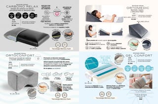 ORTOCONFORT
Almohada Viafoam
Disminuye tensión en caderas
y mantén alineado tu cuerpo
STD
36295
15 x 20 x 25 cm
$599
*Almohada ortopédica.
*Funda desmontable.
Diseño especial
para utilizarse
entre piernas,
muslos, tobillos
y rodillas.
Soporte en
piernas
y muslos
Soporte
en rodillas
Soporte
en tobillos
F
u
n
da con cierre
Fácil de lava
r
Promueve un descanso reparador
especialmente para mujeres embarazadas.
No se aplana con el tiempo.
Ofrece soporte a la parte baja del cuerpo
disminuyendo la tensión en las caderas, ya que
se adapta a tus rodillas y piernas, dando una
alineación anatómicamente correcta.
V
u
e
l
ve a su forma
o
r
i
g
i
n
a
l
e
n
segundos
15 x 20 x 25 cm
Tecnología Memory foam
ALTA
TECNOLOGÍA
GEL CONFORT
Almohada Viafoam
STD
35245
50 x 30 cm
$1,099
*Almohada ortopédica.
*Funda desmontable.
Favorece la relajación de los
músculos de espalda y cuello.
Memory Foam que distribuye
los puntos de presión para
lograr un confort total.
Funda con ci
e
r
r
e
F
á
cil de lavar
V
u
e
l
ve a su forma
o
r
i
g
i
n
a
l
e
n
segundos
50 x 30 cm
que brinda sensación
de frescura
con una capa de
SOPORTE
MEDIO
POSTURA
IDEAL
ALTA
TECNOLOGÍA
REGULA LA
TEMPERATURA
LA FUNDA PERFECTA PARA
TU ALMOHADA
Funda de almohada
Cabos Gris XS
36136
$165
Tecnología Memory foam
Libera presión en la parte superior de la espalda
Reclínate, respira
y descansa mejor
Ayuda a mejorar la
circulación de tus piernas.
Disminuye el dolor
en cuello y espalda.
Ayuda a disminuir
ronquidos.
Posición ideal para
reducir reflujo y agruras.
ORTOMEDIC
Almohada viafoam
STD
36297
40.5 x 48.5 x 25 cm
$1,349
*Almohada ortopédica
*Funda desmontable.
40.5 x 48.5 x 25 cm
F
u
nda con cierr
e
Fácil de lavar
V
u
e
l
v
e
a
su forma ori
g
i
n
a
l
en segundos
Favorece la relajación de espalda y cuello.
Equilibrio entre confort y temperatura
óptima para descansar.
CARBONO RELAX
Almohada Viafoam
Infusión de carbono con efecto
anti-estrés para un descanso ideal
60 x 40 cm
que ayuda a
reducir la
electricidad
estática para un
mejor descanso.
que absorbe
neutraliza
olores y elimina la
proliferación de
bacterias.
EFECTO
ANTI-ESTRÉS
NÚCLEO CON
PARTÍCULAS
DE CARBONO
INFUSIÓN DE
CARBONO
+
ALTA
TECNOLOGÍA
TEJIDO
TRANSPIRABLE
SOPORTE
MEDIO
POSTURA
IDEAL
Tecnología Memory foam
V
u
e
l
v
e
a su forma o
r
i
g
i
n
a
l
en segundo
s
Funda con ci
e
r
r
e
F
á
cil de lavar
STD
36289
60 X 40 cm
$1,199
*Almohada ortopédica.
*Funda desmontable.
131
130
 
