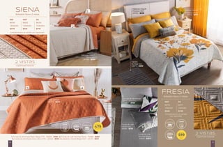 IND MAT KS
86134 86312 86314
1 Edredón 1 Edredón 1 Edredón
$479 $519 $719
Complementos se venden por separado
SIENA
Edredón Novo 2 vistas
1. Funda de almohada Basic Beige STD - 86834 - $199 | 2. Funda de cojín Mumbai Siena - 76988 - $369
3. Funda de almohada Novo Siena STD - 25054 - $199 | 4. Sábanas Viasoft Beige MAT - 24149 - $519
Capitonado especial
2 vistas
RESISTENTE
COLOR
LAVAR Y
GUARDAR
FÁCIL DE EDREDÓN
ULTRADELGADO
$
DESDE
479
TALLA IND
Sábanas Viasoft
Siena MAT
86565 - $569
Cojín Matisse
86574 - $279
12
Sábanas Viasoft
Mostaza MAT
24742 - $539
Tapete
Mumbai Gris
43872 - $499
Cortinas Viasoft
Mostaza Largas
64112 - $419
Funda de almohada
Basic Gris STD
35867 - $199
Funda de cojín
Mumbai Beige
36629 - $369
Funda de cojín
Velvet Gris
36689 - $179
Capitonado especial
2 vistas
MAT KS
86710 86711
1 Edredón 1 Edredón
$599 $749
Complementos se venden
por separado.
FRESIA
Edredón Novo 2 Vistas
EDREDÓN
ULTRADELGADO RESISTENTE
COLOR
LAVAR Y
FÁCIL DE
GUARDAR $
DESDE
599
TALLA
MAT
13
 