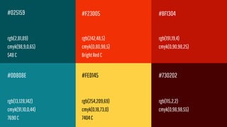 #0D808E #FED145
#025159 #F23005 #BF1304
#730202
rgb(115,2,2)
rgb(191,19,4)
rgb(242,48,5)
rgb(2,81,89)
rgb(254,209,69)
rgb(13,128,142)
cmyk(0,98,98,55)
cmyk(0,90,98,25)
cmyk(0,80,98,5)
cmyk(98,9,0,65)
548C BrightRedC
7690C 7404C
cmyk(0,18,73,0)
cmyk(91,10,0,44)
 
