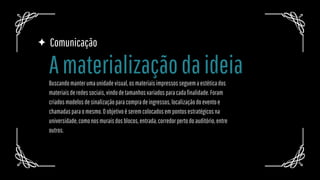 Comunicação
Buscandomanterumaunidadevisual,osmateriaisimpressosseguemaestéticados
materiaisderedessociais,vindodetamanhosvariadosparacadafinalidade.Foram
criadosmodelosdesinalizaçãoparacompradeingressos,localizaçãodoeventoe
chamadasparaomesmo.Oobjetivoéseremcolocadosempontosestratégicosna
universidade,comonosmuraisdosblocos,entrada,corredorpertodoauditório,entre
outros.
Amaterializaçãodaideia
 