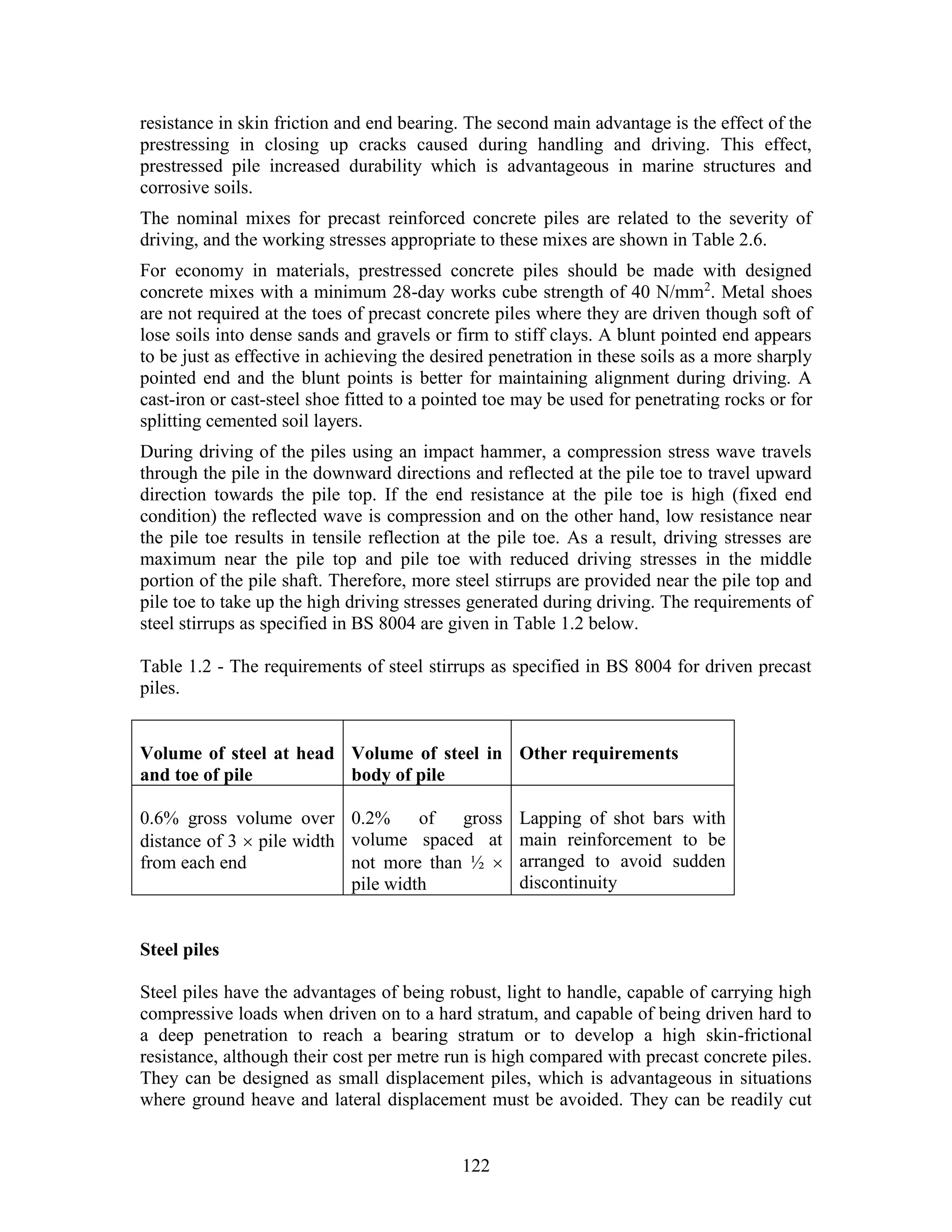 122
resistance in skin friction and end bearing. The second main advantage is the effect of the
prestressing in closing up cracks caused during handling and driving. This effect,
prestressed pile increased durability which is advantageous in marine structures and
corrosive soils.
The nominal mixes for precast reinforced concrete piles are related to the severity of
driving, and the working stresses appropriate to these mixes are shown in Table 2.6.
For economy in materials, prestressed concrete piles should be made with designed
concrete mixes with a minimum 28-day works cube strength of 40 N/mm2
. Metal shoes
are not required at the toes of precast concrete piles where they are driven though soft of
lose soils into dense sands and gravels or firm to stiff clays. A blunt pointed end appears
to be just as effective in achieving the desired penetration in these soils as a more sharply
pointed end and the blunt points is better for maintaining alignment during driving. A
cast-iron or cast-steel shoe fitted to a pointed toe may be used for penetrating rocks or for
splitting cemented soil layers.
During driving of the piles using an impact hammer, a compression stress wave travels
through the pile in the downward directions and reflected at the pile toe to travel upward
direction towards the pile top. If the end resistance at the pile toe is high (fixed end
condition) the reflected wave is compression and on the other hand, low resistance near
the pile toe results in tensile reflection at the pile toe. As a result, driving stresses are
maximum near the pile top and pile toe with reduced driving stresses in the middle
portion of the pile shaft. Therefore, more steel stirrups are provided near the pile top and
pile toe to take up the high driving stresses generated during driving. The requirements of
steel stirrups as specified in BS 8004 are given in Table 1.2 below.
Table 1.2 - The requirements of steel stirrups as specified in BS 8004 for driven precast
piles.
Volume of steel at head
and toe of pile
Volume of steel in
body of pile
Other requirements
0.6% gross volume over
distance of 3  pile width
from each end
0.2% of gross
volume spaced at
not more than ½ 
pile width
Lapping of shot bars with
main reinforcement to be
arranged to avoid sudden
discontinuity
Steel piles
Steel piles have the advantages of being robust, light to handle, capable of carrying high
compressive loads when driven on to a hard stratum, and capable of being driven hard to
a deep penetration to reach a bearing stratum or to develop a high skin-frictional
resistance, although their cost per metre run is high compared with precast concrete piles.
They can be designed as small displacement piles, which is advantageous in situations
where ground heave and lateral displacement must be avoided. They can be readily cut
 