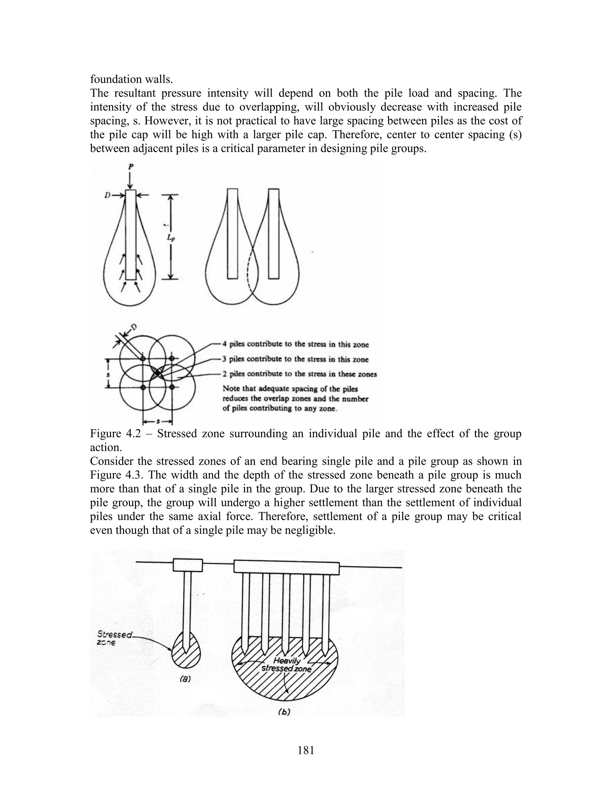 181
foundation walls.
The resultant pressure intensity will depend on both the pile load and spacing. The
intensity of the stress due to overlapping, will obviously decrease with increased pile
spacing, s. However, it is not practical to have large spacing between piles as the cost of
the pile cap will be high with a larger pile cap. Therefore, center to center spacing (s)
between adjacent piles is a critical parameter in designing pile groups.
Figure 4.2 – Stressed zone surrounding an individual pile and the effect of the group
action.
Consider the stressed zones of an end bearing single pile and a pile group as shown in
Figure 4.3. The width and the depth of the stressed zone beneath a pile group is much
more than that of a single pile in the group. Due to the larger stressed zone beneath the
pile group, the group will undergo a higher settlement than the settlement of individual
piles under the same axial force. Therefore, settlement of a pile group may be critical
even though that of a single pile may be negligible.
 