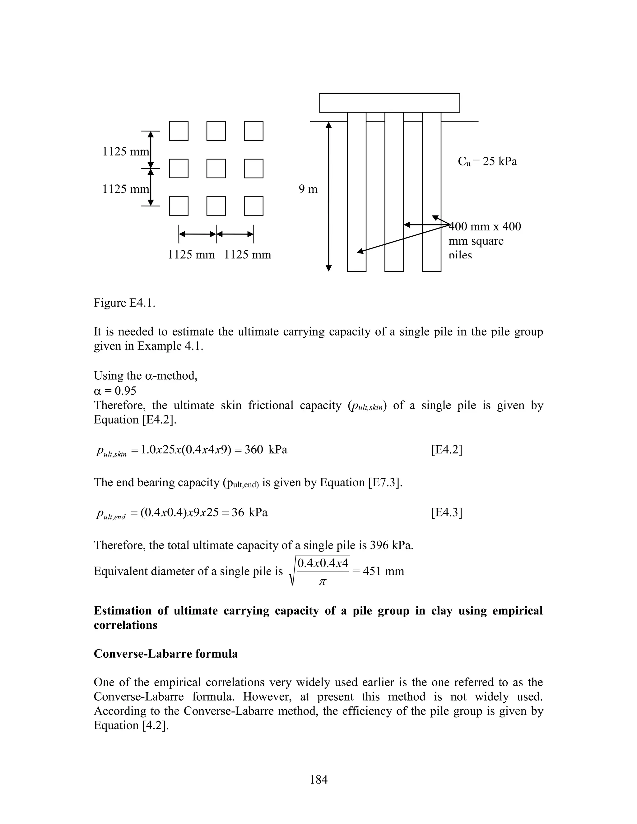 184
Figure E4.1.
It is needed to estimate the ultimate carrying capacity of a single pile in the pile group
given in Example 4.1.
Using the -method,
 = 0.95
Therefore, the ultimate skin frictional capacity (pult,skin) of a single pile is given by
Equation [E4.2].
360)944.0(250.1,  xxxxp skinult kPa [E4.2]
The end bearing capacity (pult,end) is given by Equation [E7.3].
36259)4.04.0(,  xxxp endult kPa [E4.3]
Therefore, the total ultimate capacity of a single pile is 396 kPa.
Equivalent diameter of a single pile is

44.04.0 xx
= 451 mm
Estimation of ultimate carrying capacity of a pile group in clay using empirical
correlations
Converse-Labarre formula
One of the empirical correlations very widely used earlier is the one referred to as the
Converse-Labarre formula. However, at present this method is not widely used.
According to the Converse-Labarre method, the efficiency of the pile group is given by
Equation [4.2].
9 m
Cu = 25 kPa
1125 mm
1125 mm
1125 mm 1125 mm
400 mm x 400
mm square
piles
 