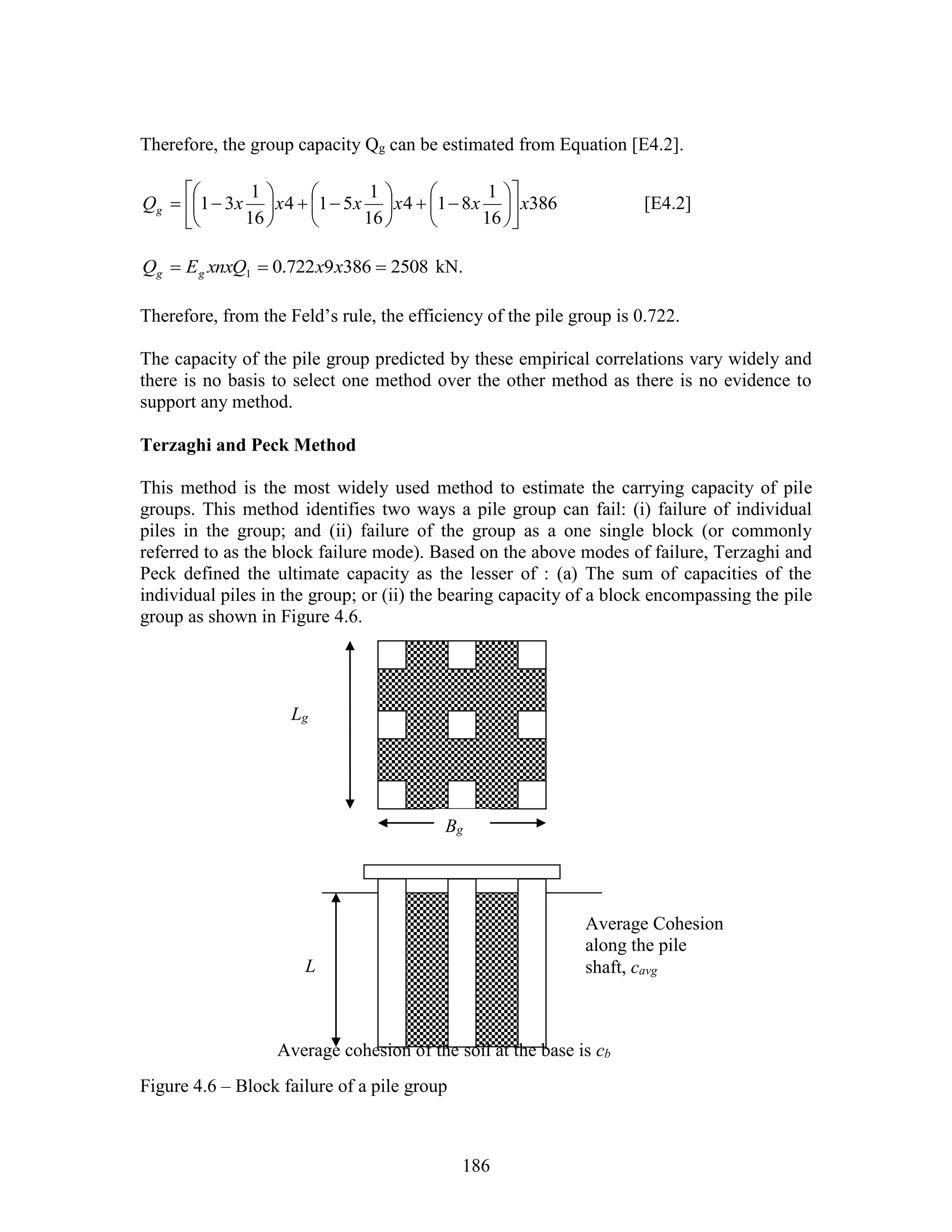 186
Therefore, the group capacity Qg can be estimated from Equation [E4.2].
386
16
1
814
16
1
514
16
1
31 xxxxxxQg 























 [E4.2]
25083869722.01  xxxnxQEQ gg kN.
Therefore, from the Feld’s rule, the efficiency of the pile group is 0.722.
The capacity of the pile group predicted by these empirical correlations vary widely and
there is no basis to select one method over the other method as there is no evidence to
support any method.
Terzaghi and Peck Method
This method is the most widely used method to estimate the carrying capacity of pile
groups. This method identifies two ways a pile group can fail: (i) failure of individual
piles in the group; and (ii) failure of the group as a one single block (or commonly
referred to as the block failure mode). Based on the above modes of failure, Terzaghi and
Peck defined the ultimate capacity as the lesser of : (a) The sum of capacities of the
individual piles in the group; or (ii) the bearing capacity of a block encompassing the pile
group as shown in Figure 4.6.
Figure 4.6 – Block failure of a pile group
L
Lg
Bg
Average Cohesion
along the pile
shaft, cavg
Average cohesion of the soil at the base is cb
 