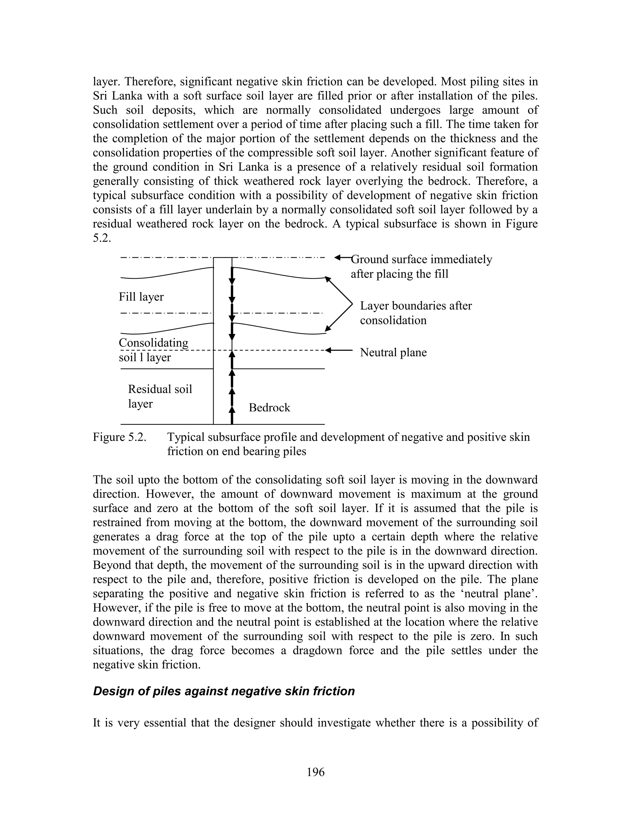 196
layer. Therefore, significant negative skin friction can be developed. Most piling sites in
Sri Lanka with a soft surface soil layer are filled prior or after installation of the piles.
Such soil deposits, which are normally consolidated undergoes large amount of
consolidation settlement over a period of time after placing such a fill. The time taken for
the completion of the major portion of the settlement depends on the thickness and the
consolidation properties of the compressible soft soil layer. Another significant feature of
the ground condition in Sri Lanka is a presence of a relatively residual soil formation
generally consisting of thick weathered rock layer overlying the bedrock. Therefore, a
typical subsurface condition with a possibility of development of negative skin friction
consists of a fill layer underlain by a normally consolidated soft soil layer followed by a
residual weathered rock layer on the bedrock. A typical subsurface is shown in Figure
5.2.
Figure 5.2. Typical subsurface profile and development of negative and positive skin
friction on end bearing piles
The soil upto the bottom of the consolidating soft soil layer is moving in the downward
direction. However, the amount of downward movement is maximum at the ground
surface and zero at the bottom of the soft soil layer. If it is assumed that the pile is
restrained from moving at the bottom, the downward movement of the surrounding soil
generates a drag force at the top of the pile upto a certain depth where the relative
movement of the surrounding soil with respect to the pile is in the downward direction.
Beyond that depth, the movement of the surrounding soil is in the upward direction with
respect to the pile and, therefore, positive friction is developed on the pile. The plane
separating the positive and negative skin friction is referred to as the ‘neutral plane’.
However, if the pile is free to move at the bottom, the neutral point is also moving in the
downward direction and the neutral point is established at the location where the relative
downward movement of the surrounding soil with respect to the pile is zero. In such
situations, the drag force becomes a dragdown force and the pile settles under the
negative skin friction.
Design of piles against negative skin friction
It is very essential that the designer should investigate whether there is a possibility of
Residual soil
layer
Fill layer
Consolidating
soil l layer
Bedrock
Ground surface immediately
after placing the fill
Layer boundaries after
consolidation
Neutral plane
 
