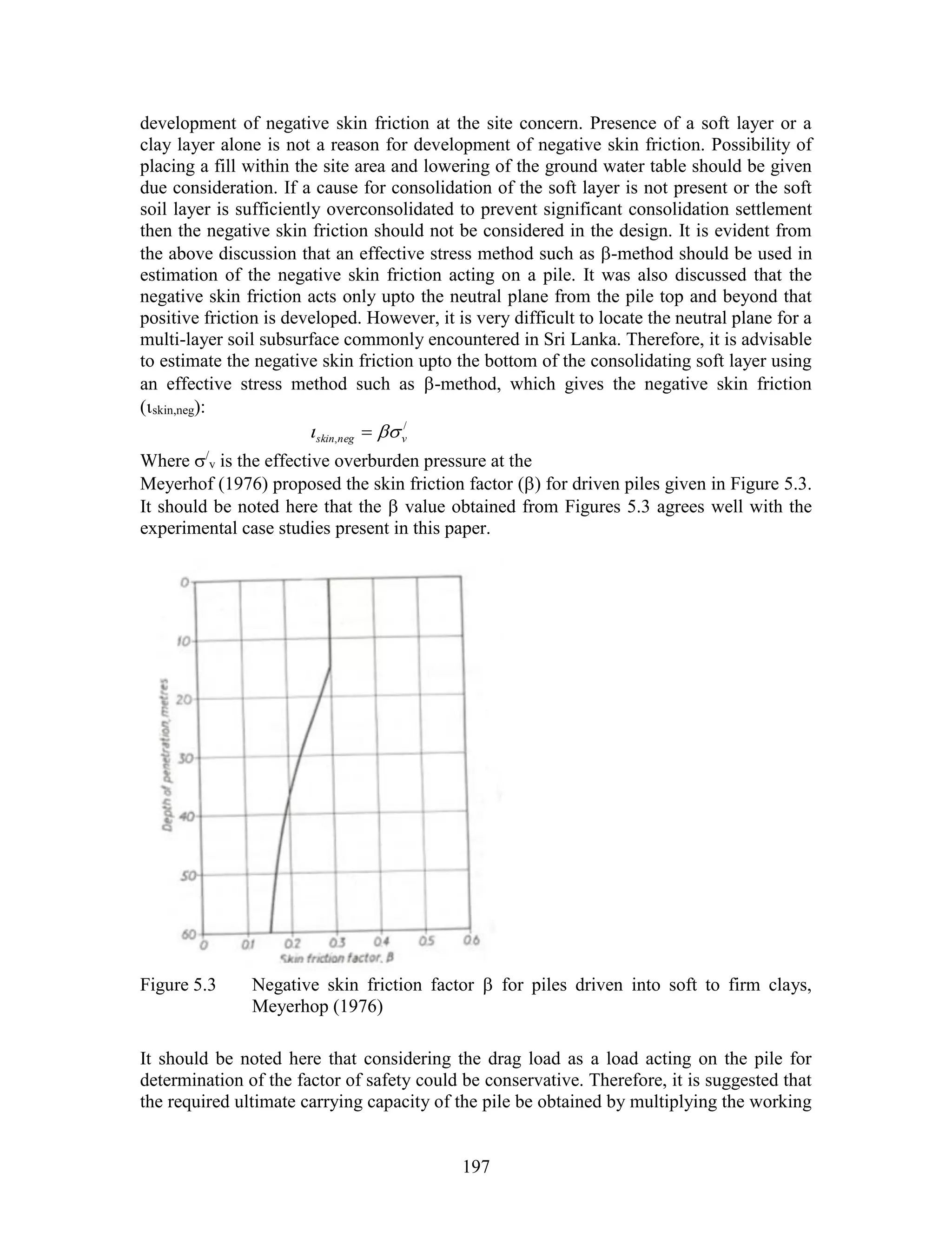 197
development of negative skin friction at the site concern. Presence of a soft layer or a
clay layer alone is not a reason for development of negative skin friction. Possibility of
placing a fill within the site area and lowering of the ground water table should be given
due consideration. If a cause for consolidation of the soft layer is not present or the soft
soil layer is sufficiently overconsolidated to prevent significant consolidation settlement
then the negative skin friction should not be considered in the design. It is evident from
the above discussion that an effective stress method such as -method should be used in
estimation of the negative skin friction acting on a pile. It was also discussed that the
negative skin friction acts only upto the neutral plane from the pile top and beyond that
positive friction is developed. However, it is very difficult to locate the neutral plane for a
multi-layer soil subsurface commonly encountered in Sri Lanka. Therefore, it is advisable
to estimate the negative skin friction upto the bottom of the consolidating soft layer using
an effective stress method such as -method, which gives the negative skin friction
(skin,neg):
/
, vnegskin  
Where /
v is the effective overburden pressure at the
Meyerhof (1976) proposed the skin friction factor () for driven piles given in Figure 5.3.
It should be noted here that the  value obtained from Figures 5.3 agrees well with the
experimental case studies present in this paper.
Figure 5.3 Negative skin friction factor  for piles driven into soft to firm clays,
Meyerhop (1976)
It should be noted here that considering the drag load as a load acting on the pile for
determination of the factor of safety could be conservative. Therefore, it is suggested that
the required ultimate carrying capacity of the pile be obtained by multiplying the working
 