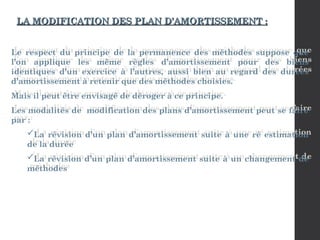LA MODIFICATION DES PLAN D’AMORTISSEMENT :
LA MODIFICATION DES PLAN D’AMORTISSEMENT :
Le respect du principe de la permanence des méthodes suppose que
l’on applique les même règles d’amortissement pour des biens
identiques d’un exercice à l’autres, aussi bien au regard des durées
d’amortissement à retenir que des méthodes choisies.
Mais il peut être envisagé de déroger à ce principe.
Les modalités de modification des plans d’amortissement peut se faire
par :
La révision d’un plan d’amortissement suite à une ré estimation
de la durée
La révision d’un plan d’amortissement suite à un changement de
méthodes
 
