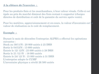 A la clôture de l’exercice :
Pour les produits finis et les marchandises, à leur valeur vénale. Celle-ci est
égale au prix du marché diminué des frais restant à supporter (charges
directes de distribution et coût de la garantie du service après vente).
Pour les matières, approvisionnement et en-cours, la valeur d’inventaire est la
valeur de réalisation ou le coût de remplacement.
Exemple :
Durant le mois de décembre l’entreprise ALPHA a effectué les opérations
suivantes :
Stock au 30/11/N : 20 000 unités à 25 DHS
Sortie le 04/12/N : 13 000 unités
Entrée le 12/ 12/N : 23 000 unités à 28 DHS
Sortie le 21 /12 /N : 18 000 unités
Entrée le 24/ 12/ N : 15 000 unités à 31 DHS
L’entreprise adopte le CUMP
L’inventaire physique a révélé 26 500 unités
 