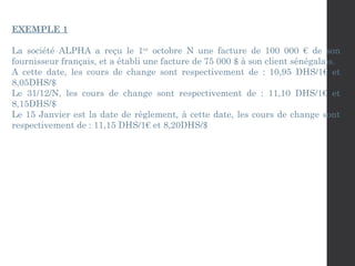 EXEMPLE 1
La société ALPHA a reçu le 1er
octobre N une facture de 100 000 € de son
fournisseur français, et a établi une facture de 75 000 $ à son client sénégalais.
A cette date, les cours de change sont respectivement de : 10,95 DHS/1€ et
8,05DHS/$
Le 31/12/N, les cours de change sont respectivement de : 11,10 DHS/1€ et
8,15DHS/$
Le 15 Janvier est la date de règlement, à cette date, les cours de change sont
respectivement de : 11,15 DHS/1€ et 8,20DHS/$
 