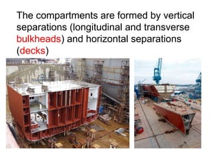 The compartments are formed by vertical
separations (longitudinal and transverse
bulkheads) and horizontal separations
(decks)
 