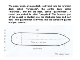 The upper deck, or main deck, is divided into the foremost
deck, called "forecastle", the centre deck, called
"midships", and the aft deck, called "quarterdeck". A
raised quarterdeck is called "poopdeck“.The foremost part
of the vessel is divided into the starboard bow and port
bow . The quarterdeck is divided into the starboard quarter
and port quarter.
 