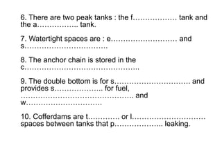 6. There are two peak tanks : the f……………… tank and
the a…………….. tank.
7. Watertight spaces are : e……………………… and
s…………………………….
8. The anchor chain is stored in the
c………………………………………..
9. The double bottom is for s…………………………. and
provides s……………….. for fuel,
………………………………………. and
w………………………….
10. Cofferdams are t…………. or l…………………………
spaces between tanks that p……………….. leaking.
 