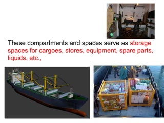 These compartments and spaces serve as storage
spaces for cargoes, stores, equipment, spare parts,
liquids, etc.,
 