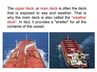 The upper deck, or main deck is often the deck
that is exposed to sea and weather. That is
why the main deck is also called the "weather
deck". In fact, it provides a "shelter" for all the
contents of the vessel.
 