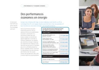 < PERFORMANCES ET ÉCONOMIES D’ÉNERGIE >




                    Des performances
                    économes en énergie
Les processeurs     Lorsque votre entreprise doit réagir, vos micro-ordinateurs sont réactifs. Les PC de
Intel® Core™2 Duo   technologie Intel vPro sont équipés du processeur Intel Core 2 Duo : leur puissance et
sont au cœur des    leurs fonctions de conservation d’énergie, c’est à lui qu’ils les doivent.
PC de technologie
Intel® vPro™.       Grâce aux performances de pointe                 Les plus du processeur Intel® Core™2 Duo
                    du processeur Intel Core 2 Duo, les              par rapport au processeur Pentium® D
                    opérations d’infrastructure (administration,     GAINS DE TEMPS12
                    sécurisation, communication, etc.)
                                                                     Calcul d’un chiffre d’affaires sous
                    interviennent à l’arrière-plan, sans                                                        171 % plus rapide
                                                                     Microsoft* Excel 2007
                    incidence notable sur la réactivité des
                    logiciels d’application, en particulier en       Analyse ﬁnancière sous
                                                                     Intuit QuickBooks* Pro 2006
                                                                                                                91 % plus rapide
                    multitâche. Parallèlement, son utilisation
                    plus rationnelle de l’énergie se traduit par     Ouverture et modiﬁcation d’une
                                                                     présentation Microsoft PowerPoint* 2007
                                                                                                                56 % plus rapide
                    des conﬁgurations plus compactes et plus
                    silencieuses ainsi que, pour les PC portables,   Ouverture d’un PDF en mode
                                                                     aperçu d’Adobe* Acrobat 7.0.8              37 % plus rapide
                    par une très confortable autonomie sur           pendant la lecture d’une vidéo HD
                    batterie. Compatibles 64 bits,11 ils prennent
                                                                     Recherche et prévisualisation de photos
                    en charge Windows Vista sans restrictions,       numériques sous Windows Vista Aero*
                                                                                                                30 % plus rapide

                    dont l’interface Aero* des versions
                                                                     Copie d’un dossier sur un volume chiffré
                    Premium, ainsi que Microsoft* Ofﬁce 2007         par Windows Vista BitLocker*
                                                                                                                26 % plus rapide
                    et d’autres logiciels de nouvelle génération.
                                                                     ÉCONOMIES D’ÉNERGIE13


                                                                     Économies d’énergie annuelles              42 % d’économies

                                                                     Score SYSmark*                             48 % plus élevé




                                                                                                                                    9
 