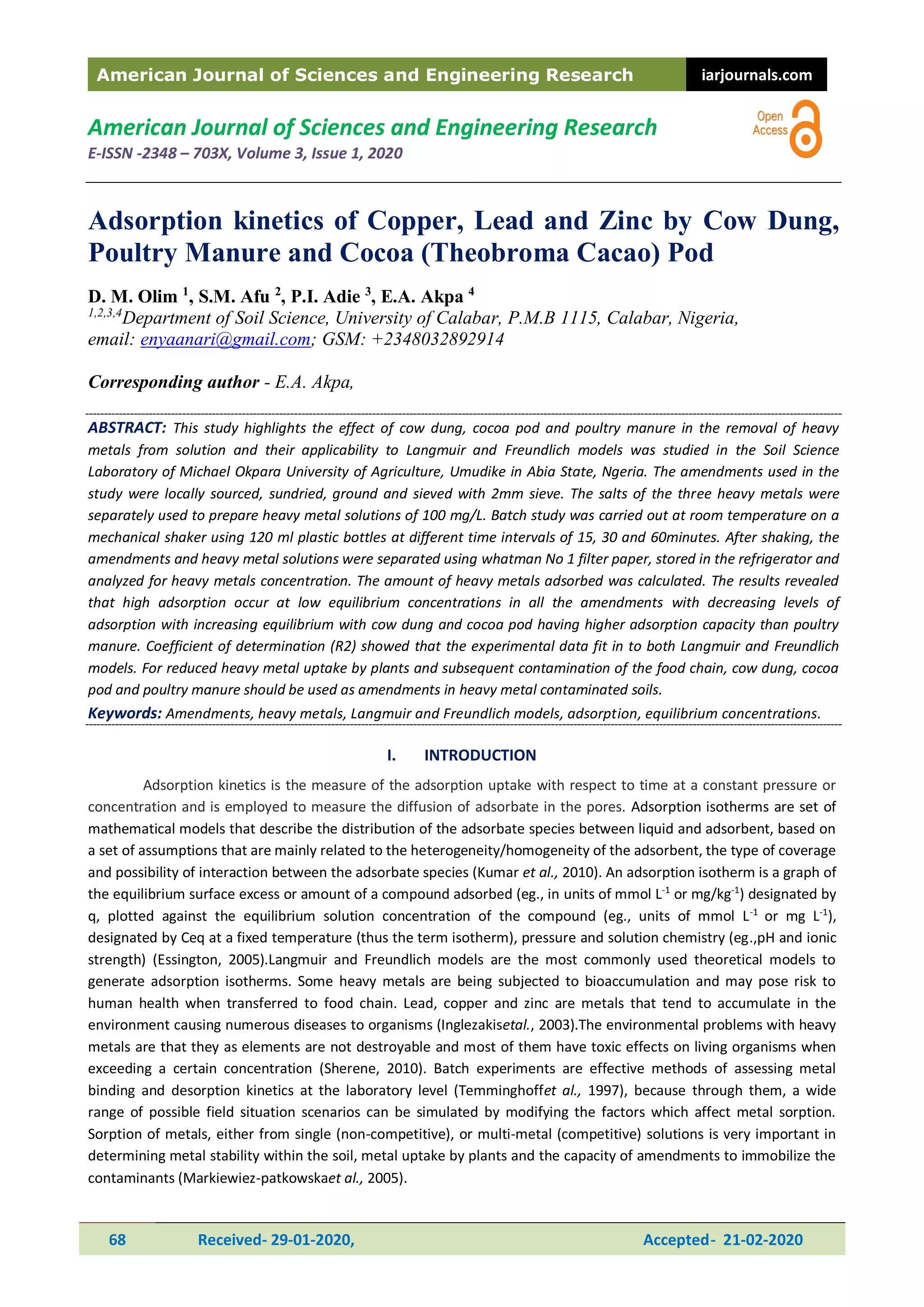 Adsorption of Copper, Lead and Zinc by Cow Dung, Poultry