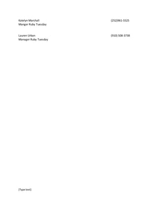 [Type text]
Katelyn Marshall (252)961-5525
Manger Ruby Tuesday
Lauren Urban (910) 508-3738
Manager Ruby Tuesday
 