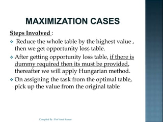 Steps Involved :
 Reduce the whole table by the highest value ,
then we get opportunity loss table.
 After getting opportunity loss table, if there is
dummy required then its must be provided,
thereafter we will apply Hungarian method.
 On assigning the task from the optimal table,
pick up the value from the original table
Compiled By : Prof Amit Kumar
 