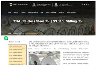 316L Stainless Steel Coil | SS 316L UNS S31600 Coil | ASTM A240 316L Stainless Steel Coil