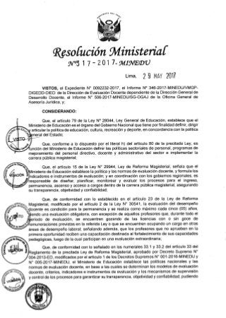 Convocan el Primer Tramo de la Evaluación Ordinaria de Desempeño para Profesores de Instituciones Educativas del Nivel Inicial de la Educación Básica Regular de la Carrera Pública Magisterial y aprueban cronograma aprobado por RM. 317-2017-MINEDU