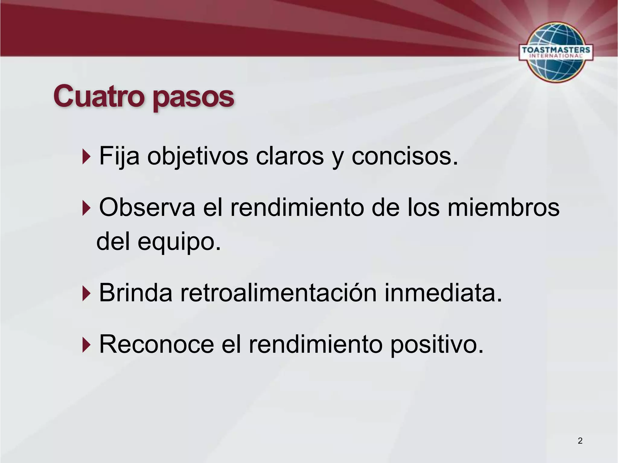 Cuatro pasos
Fija objetivos claros y concisos.
Observa el rendimiento de los miembros
del equipo.
Brinda retroalimentación inmediata.
Reconoce el rendimiento positivo.
2