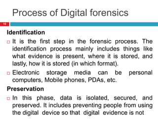 Process of Digital forensics
Identification
 It is the first step in the forensic process. The
identification process mainly includes things like
what evidence is present, where it is stored, and
lastly, how it is stored (in which format).
 Electronic storage media can be
computers, Mobile phones, PDAs, etc.
Preservation
personal
 In this phase, data is isolated, secured, and
preserved. It includes preventing people from using
the digital device so that digital evidence is not
19
 