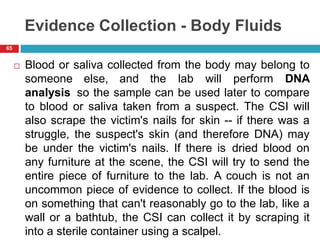 Evidence Collection - Body Fluids
 Blood or saliva collected from the body may belong to
someone else, and the lab will perform DNA
analysis so the sample can be used later to compare
to blood or saliva taken from a suspect. The CSI will
also scrape the victim's nails for skin -- if there was a
struggle, the suspect's skin (and therefore DNA) may
be under the victim's nails. If there is dried blood on
any furniture at the scene, the CSI will try to send the
entire piece of furniture to the lab. A couch is not an
uncommon piece of evidence to collect. If the blood is
on something that can't reasonably go to the lab, like a
wall or a bathtub, the CSI can collect it by scraping it
into a sterile container using a scalpel.
65
 