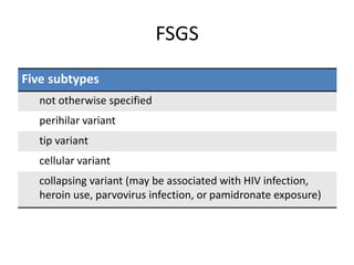 FSGS
Five subtypes
not otherwise specified
perihilar variant
tip variant
cellular variant
collapsing variant (may be associated with HIV infection,
heroin use, parvovirus infection, or pamidronate exposure)
 