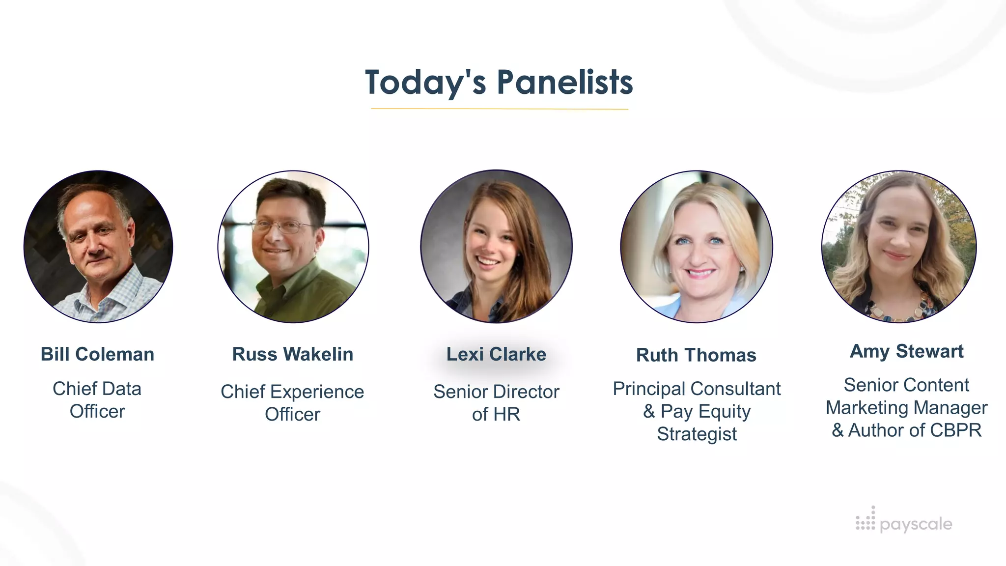 Today's Panelists
Bill Coleman Russ Wakelin Ruth Thomas Amy Stewart
Chief Experience
Officer
Chief Data
Officer
Principal Consultant
& Pay Equity
Strategist
Senior Content
Marketing Manager
& Author of CBPR
Senior Director
of HR
Lexi Clarke
 