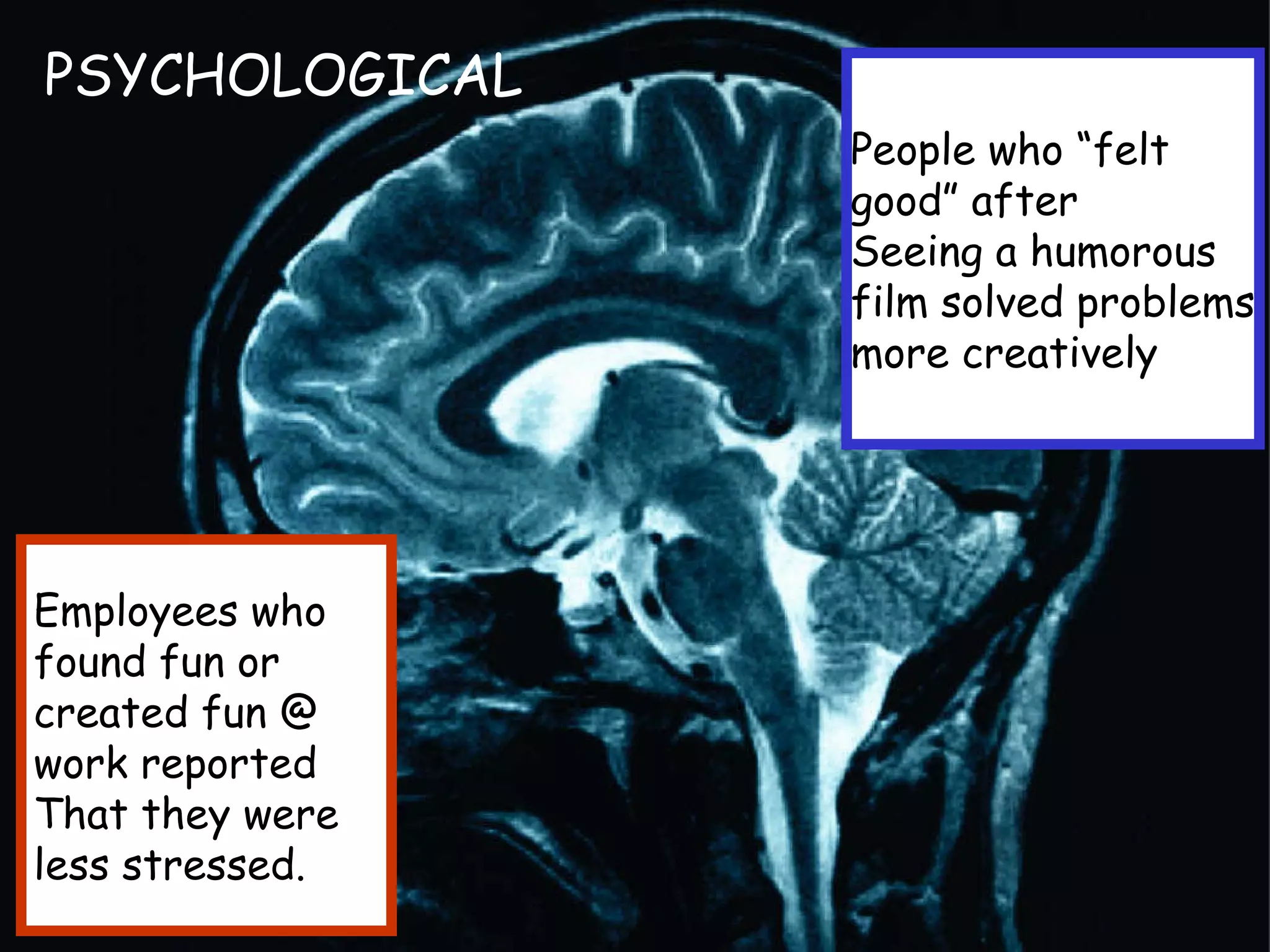 PSYCHOLOGICAL
Employees who
found fun or
created fun @
work reported
That they were
less stressed.
People who “felt
good” after
Seeing a humorous
film solved problems
more creatively
 