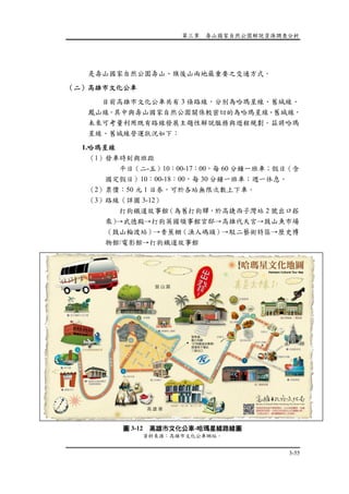 第三章 壽山國家自然公園解說資源調查分析
3-55
是壽山國家自然公園壽山、旗後山兩地最重要之交通方式。
（二）高雄市文化公車
目前高雄市文化公車共有 3 條路線，分別為哈瑪星線、舊城線、
鳳山線，其中與壽山國家自然公園關係較密切的為哈瑪星線、舊城線，
未來可考量利用既有路線發展主題性解說服務與遊程規劃。茲將哈瑪
星線、舊城線營運狀況如下：
1.哈瑪星線
（1）發車時刻與班距
平日（二-五）10：00-17：00，每 60 分鐘一班車；假日（含
國定假日）10：00-18：00，每 30 分鐘一班車；週一休息。
（2）票價：50 元 1 日券，可於各站無限次數上下車。
（3）路線（詳圖 3-12）
打狗鐵道故事館（為舊打狗驛，於高捷西子灣站 2 號出口搭
乘）→武德殿→打狗英國領事館官邸→高雄代天宮→鼓山魚市場
（鼓山輪渡站）→香蕉棚（漁人碼頭）→駁二藝術特區→歷史博
物館/電影館→打狗鐵道故事館
圖 3-12 高雄市文化公車-哈瑪星線路線圖
資料來源：高雄市文化公車網站。
 